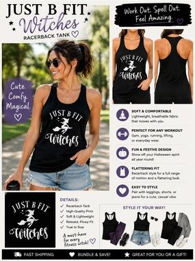 Source Unknown Black Tank with White 'Just B Fit Witches' Graphic